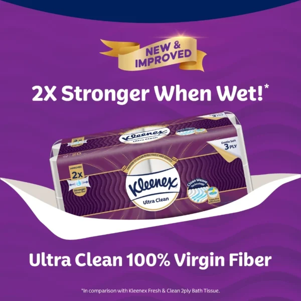Kleenex Ultra Soft Toilet Tissue 3 ply (30 Rolls) Ultra Clean - Strong & Absorbent Bath Tissue Paper Toilet Roll