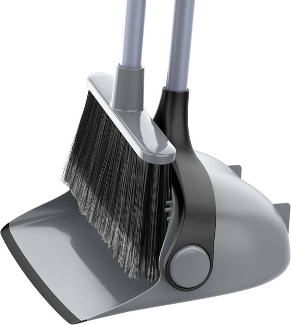 MR.SIGA Broom and Dustpan Set with Adjustable Long Handle Upright Combo for Floor Cleaning Lobby Gray